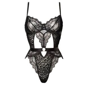 Black Underwire Leopard Print Floral Scalloped Lace Teddy Lingerie‎